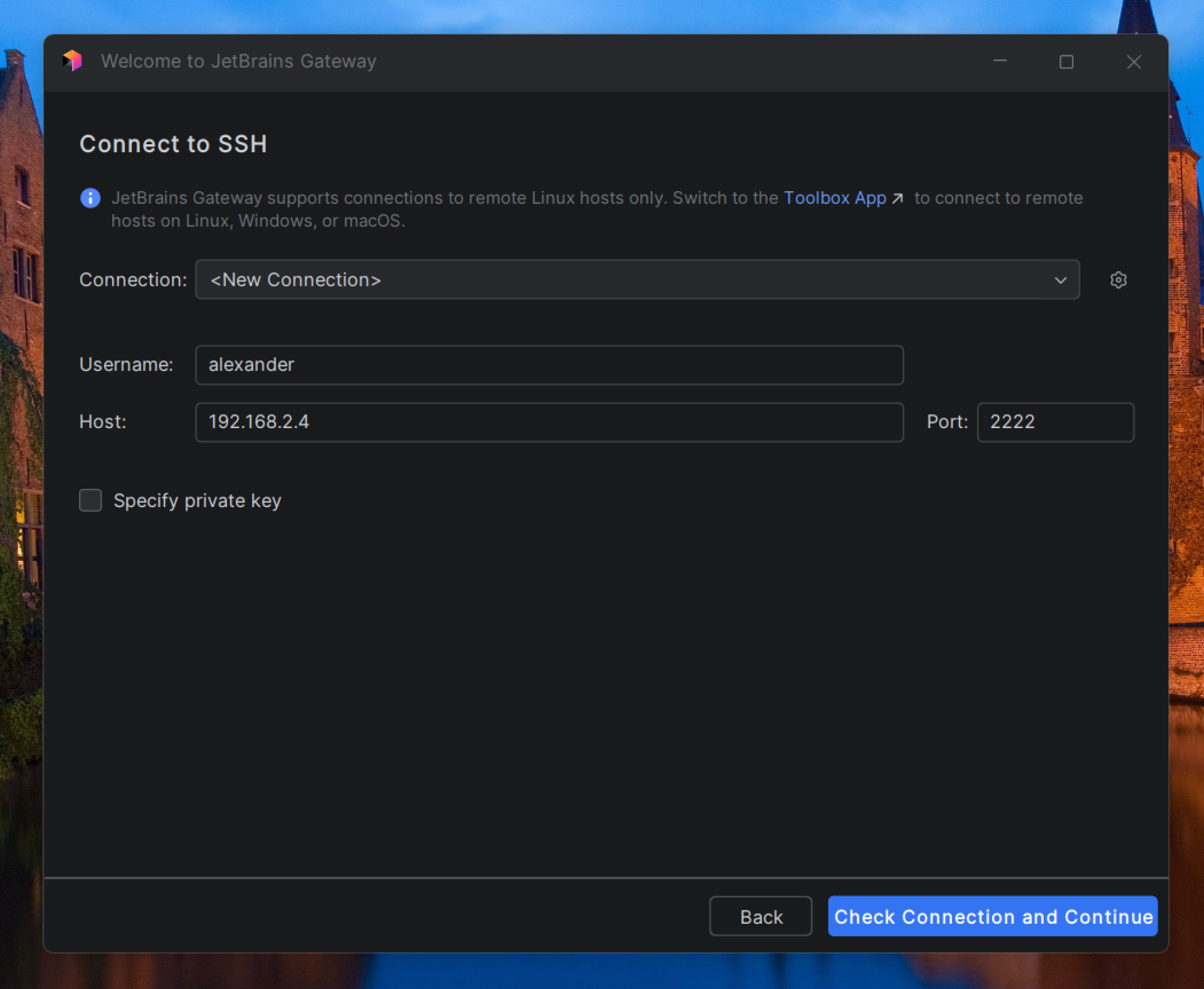 SSH connection configuration dialog