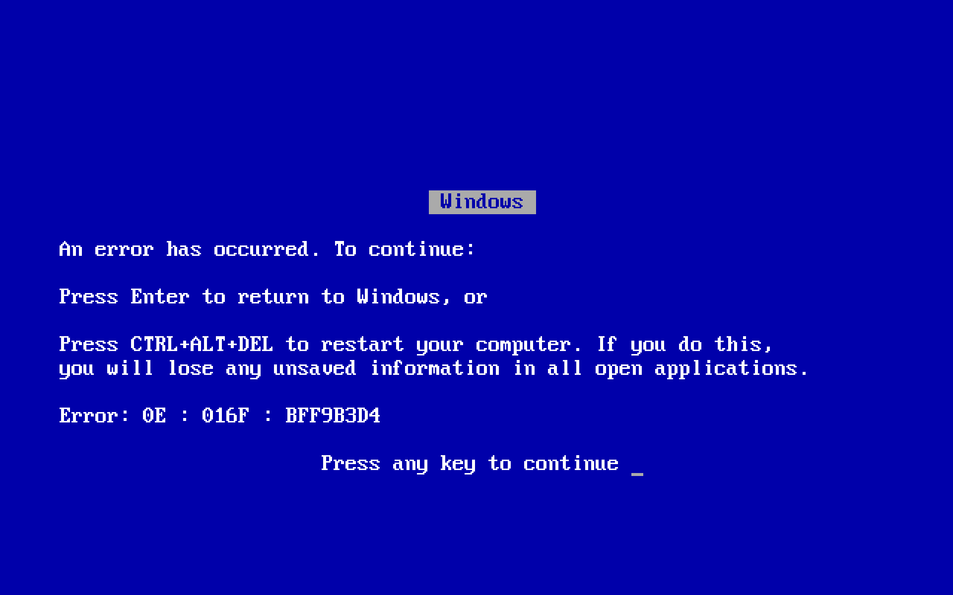 Windows 98 Blue Screen of Death BSOD